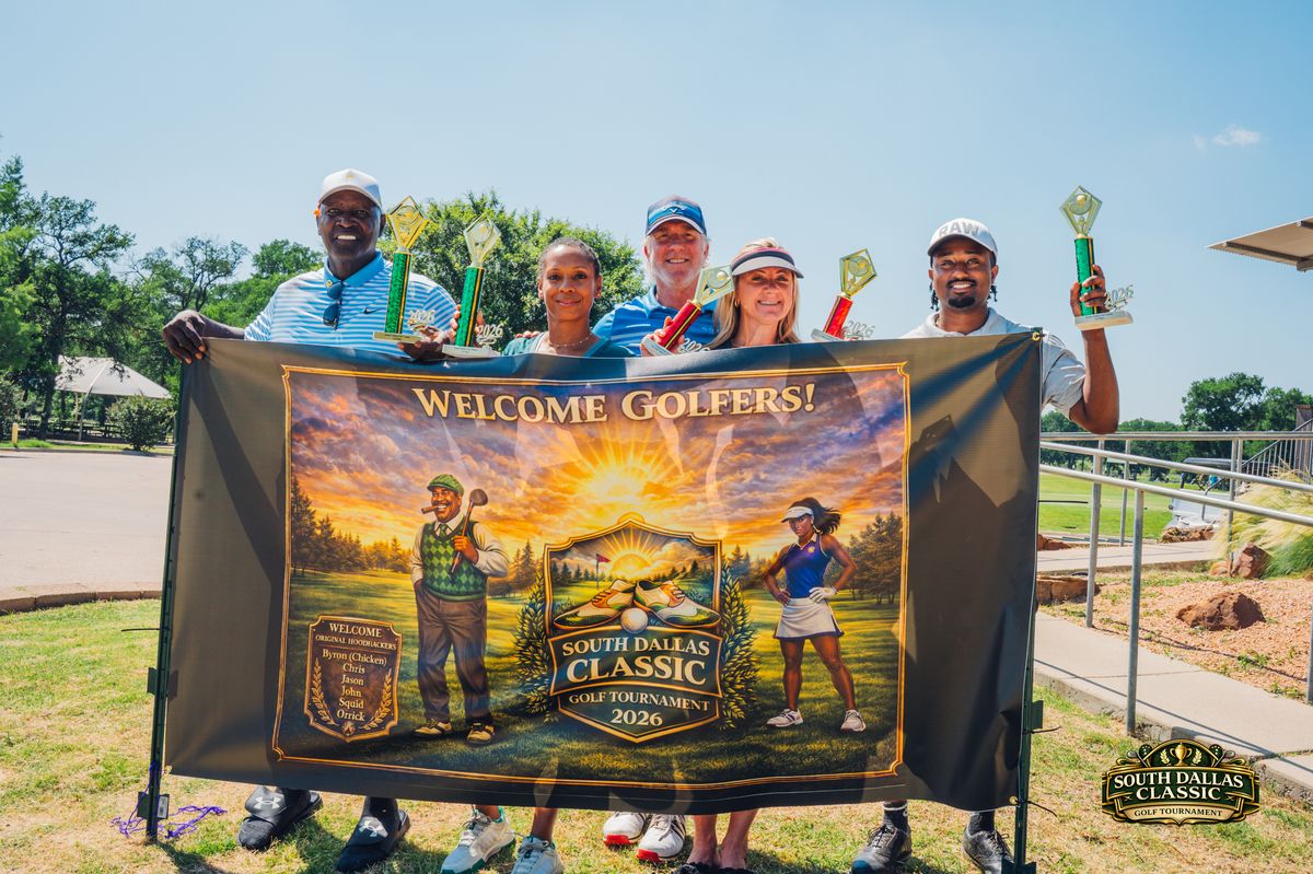 Tournament winners holding trophies with Welcome Golfers banner